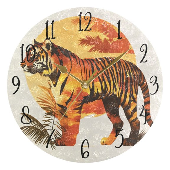 Round Art Wall Clock Vintage Oil Painting Texture Decorative Clock Gold Pointer, Multi-Purpose Desktop & Hanging Creative Decor Clock for Home Living Room Beautiful Sunset Tiger