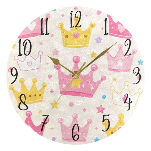 Round Art Wall Clock Vintage Oil Painting Texture Decorative Clock Gold Pointer, Multi-Purpose Desktop & Hanging Creative Decor Clock for Home Living Room Crown Pink Princess