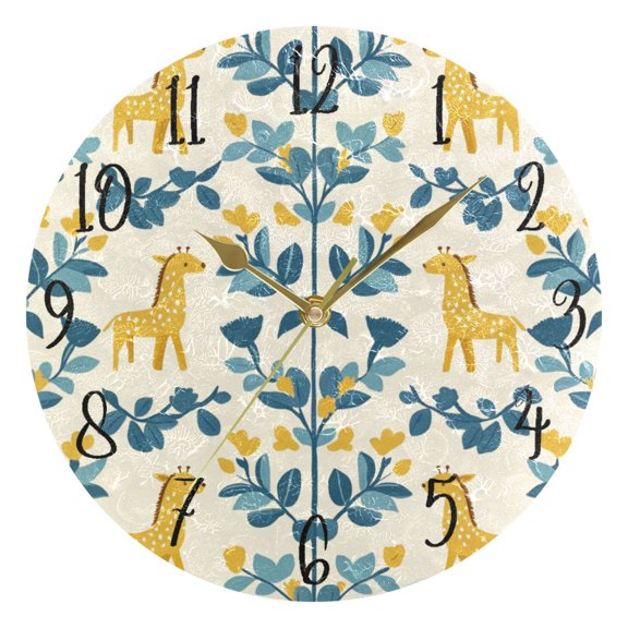 Round Art Wall Clock Vintage Oil Painting Texture Decorative Clock Gold Pointer, Multi-Purpose Desktop & Hanging Creative Decor Clock for Home Living Room Cool Cartoon Giraffe