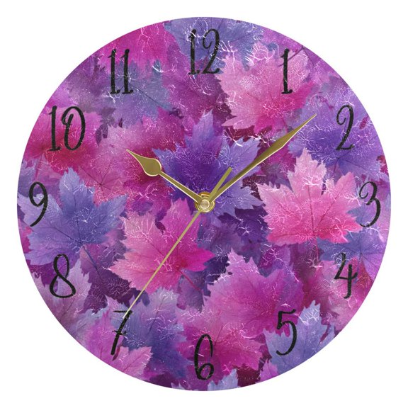 Round Art Wall Clock Vintage Oil Painting Texture Decorative Clock Gold Pointer, Multi-Purpose Desktop & Hanging Creative Decor Clock for Home Living Room Cartoon Purple Maple Leaves