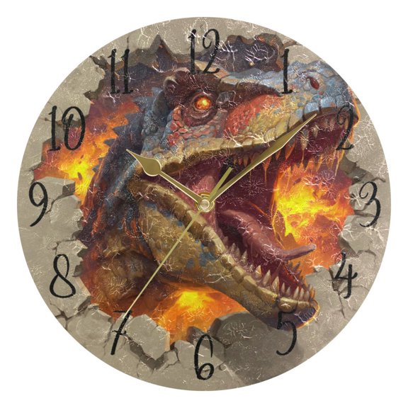 Round Art Wall Clock Vintage Oil Painting Texture Decorative Clock Gold Pointer, Multi-Purpose Desktop & Hanging Creative Decor Clock for Home Living Room Dinosaur Icon Design