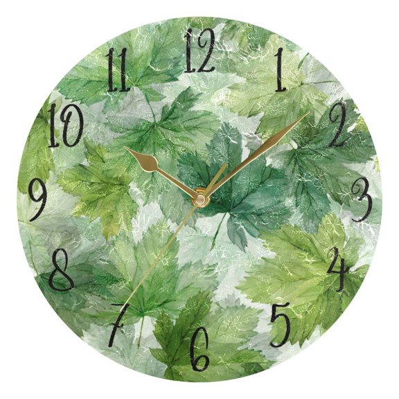 Round Art Wall Clock Vintage Oil Painting Texture Decorative Clock Gold Pointer, Multi-Purpose Desktop & Hanging Creative Decor Clock for Home Living Room Green Maple Leaves