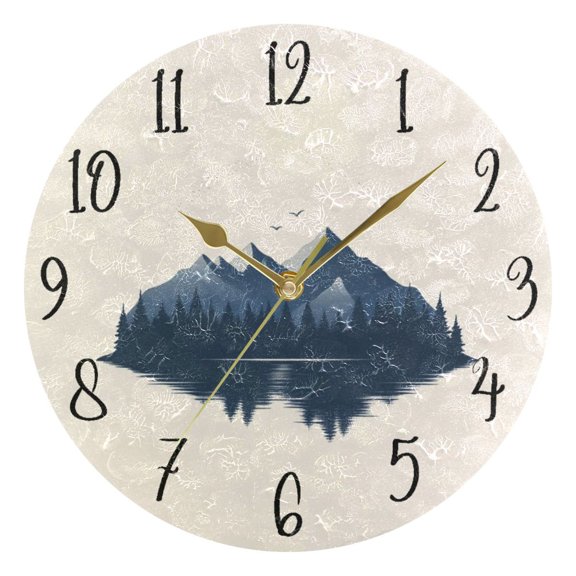 Round Art Wall Clock Vintage Oil Painting Texture Decorative Clock Gold Pointer, Multi-Purpose Desktop & Hanging Creative Decor Clock for Home Living Room Ink Mountain