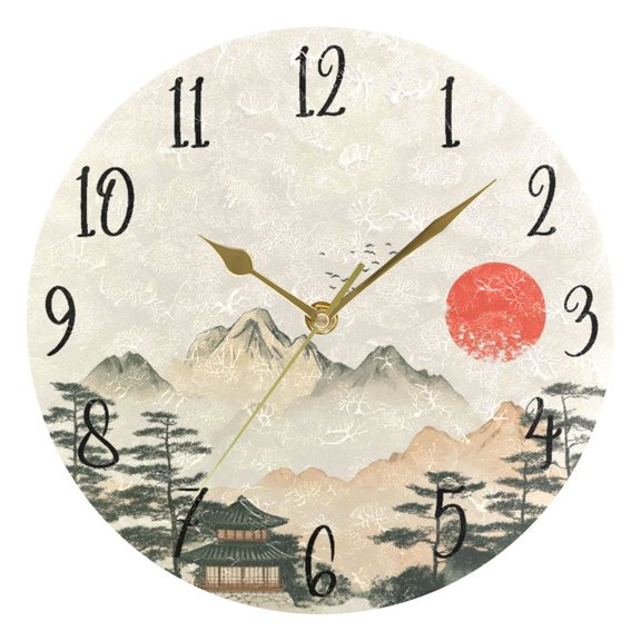 Round Art Wall Clock Vintage Oil Painting Texture Decorative Clock Gold Pointer, Multi-Purpose Desktop & Hanging Creative Decor Clock for Home Living Room Ink and Wash House