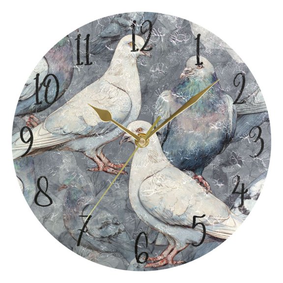 Round Art Wall Clock Vintage Oil Painting Texture Decorative Clock Gold Pointer, Multi-Purpose Desktop & Hanging Creative Decor Clock for Home Living Room Ink-wash Pigeon Art