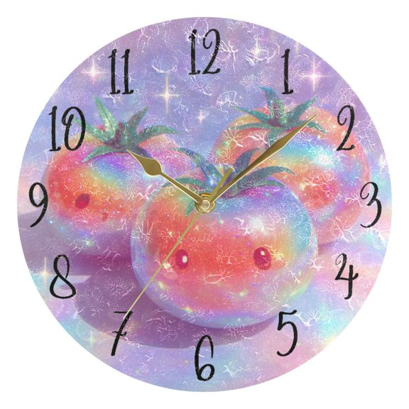 Round Art Wall Clock Vintage Oil Painting Texture Decorative Clock Gold Pointer, Multi-Purpose Desktop & Hanging Creative Decor Clock for Home Living Room Little Tomatoes