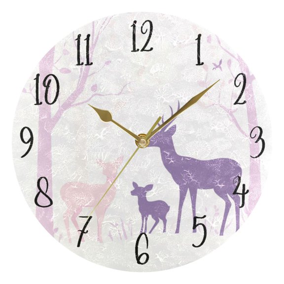 Round Art Wall Clock Vintage Oil Painting Texture Decorative Clock Gold Pointer, Multi-Purpose Desktop & Hanging Creative Decor Clock for Home Living Room Pretty Deer