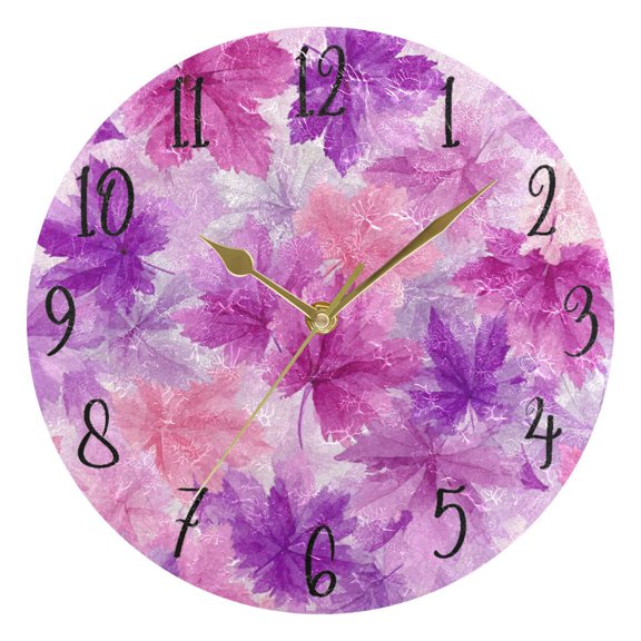 Round Art Wall Clock Vintage Oil Painting Texture Decorative Clock Gold Pointer, Multi-Purpose Desktop & Hanging Creative Decor Clock for Home Living Room Pink Maple Leaves