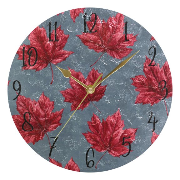 Round Art Wall Clock Vintage Oil Painting Texture Decorative Clock Gold Pointer, Multi-Purpose Desktop & Hanging Creative Decor Clock for Home Living Room Red Maple Leaf Cute