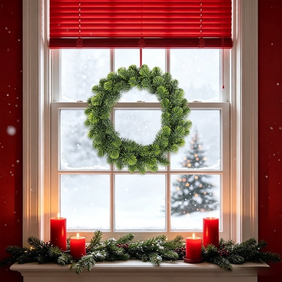 Round Artificial Green Leaf Front Door Wreath, Low Maintenance Shape Recover Ready To Hang Year Round Ornament, Classic Entry Accent for Porch Wall Christmas Home Gifting