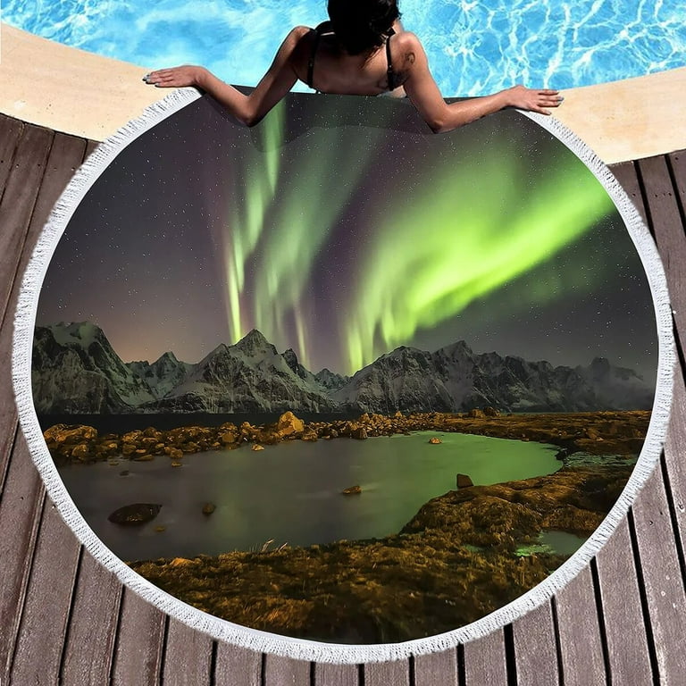 Round Aurora Print Beach Towel Polyester Sand Resistant Beach Blanket Soft Absorbt Quick Dry Pool Towel Portable Picnic Mat