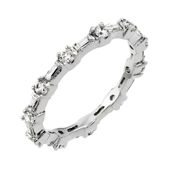 Round Baguette Clear Cubic Zirconia Stackable Eternity Ring Rhodium Plated Sterling Silver Size 9