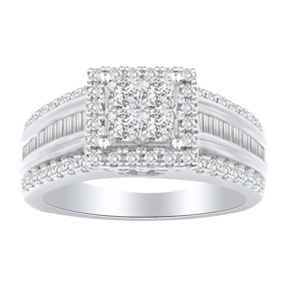 AFFY Round & Baguette Cut 1 Cttw White Diamond Engagement Band Ring In 14K Solid White Gold