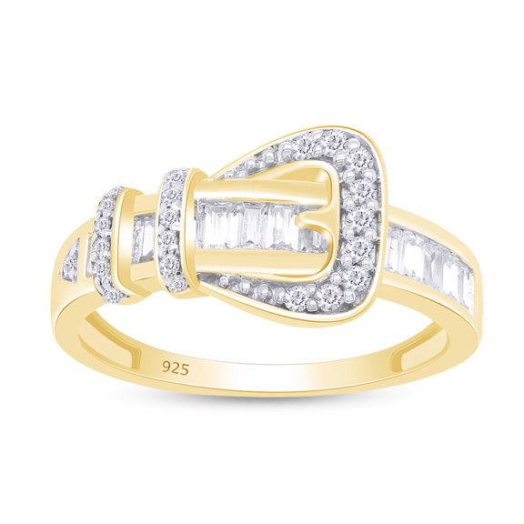 Round & Baguette Cut White Cubic Zirconia Belt Buckle Band Ring In 14K Yellow Gold Plated 925 Sterling Silver (Color:White, Clarity: VVS1-VVS2) -7