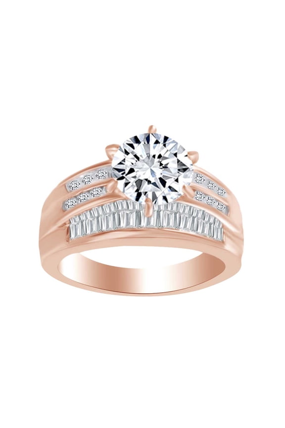 Round & Baguette Cut White Cubic Zirconia Solitaire Engagement Ring In 14k Solid Rose Gold (1.13 cttw) Ring Size-9