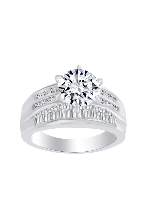 Round & Baguette Cut White Cubic Zirconia Solitaire Engagement Ring In 14k Solid White Gold (1.13 cttw) Ring Size-4