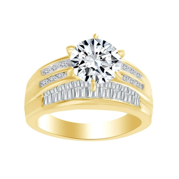 AFFY Round & Baguette Cut White Cubic Zirconia Solitaire Engagement Ring In 14k Solid Yellow Gold (1.13 cttw) Ring Size-7