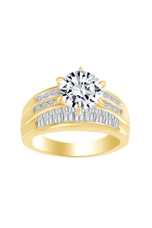 Round & Baguette Cut White Cubic Zirconia Solitaire Engagement Ring In 14k Solid Yellow Gold (1.13 cttw) Ring Size-8