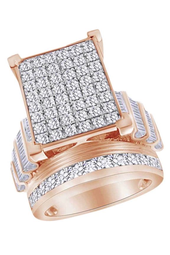 Round & Baguette Cut White Natural Diamond Engagement Ring In 10k Rose Gold (1.500 cttw) Ring Size-13