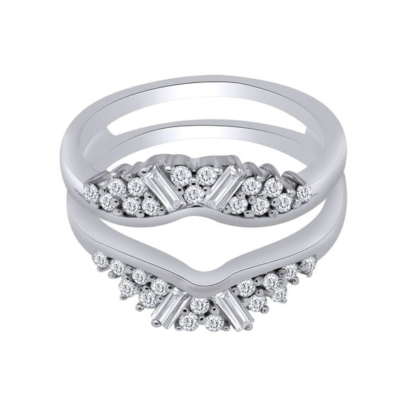 Round & Baguette Shape White Cubic Zirconia Enhancer Guard Ring in 10k White Gold Ring Size - 9.5