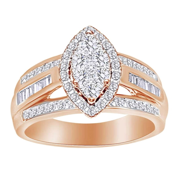 AFFY Round & Baguette Shape White Natural Diamond 3 Row Engagement Ring In 10k Rose Gold (1.00 cttw) Ring Size-7.5