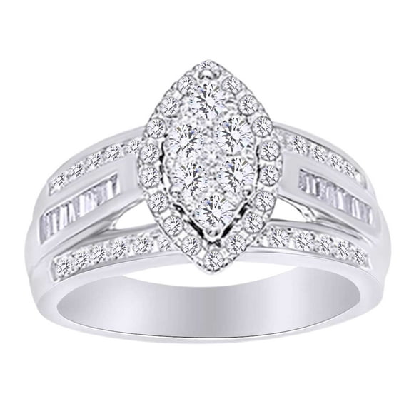 AFFY Round & Baguette Shape White Natural Diamond 3 Row Engagement Ring In 10k White Gold (1.00 cttw) Ring Size-5.5