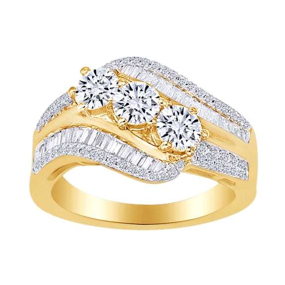 AFFY Round & Baguette Shape White Natural Diamond Bypass Engagement Ring In 10k Solid Yellow Gold (1.5 cttw)-7.5