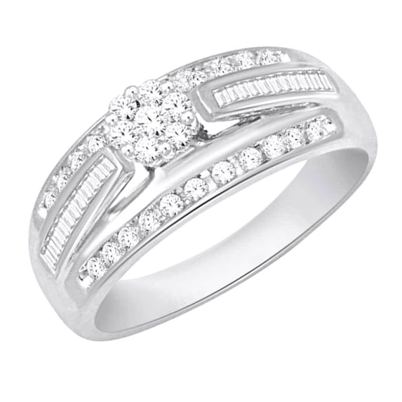 AFFY Round & Baguette Shape White Natural Diamond Cluster Fashion Ring In 10k White Gold (0.5 cttw) Ring Size-14