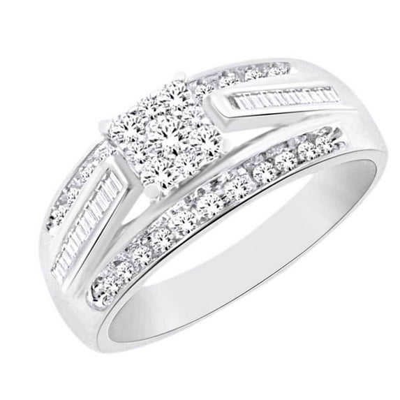 AFFY Round & Baguette Shape White Natural Diamond Cluster Fashion Ring In 10k White Gold (1 cttw) Ring Size-12