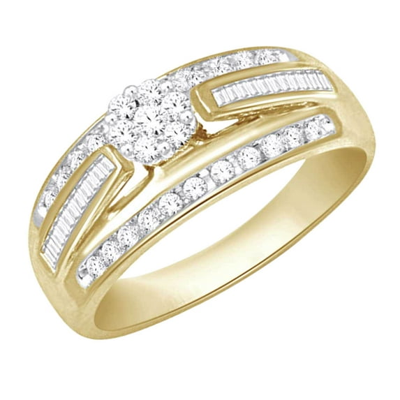 AFFY Round & Baguette Shape White Natural Diamond Cluster Fashion Ring In 10k Yellow Gold (0.5 cttw) Ring Size-4