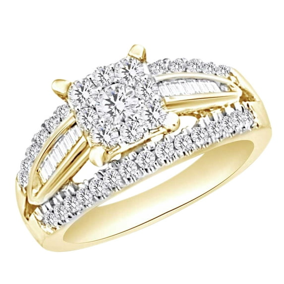 AFFY Round & Baguette Shape White Natural Diamond Cluster Ring In 10k Yellow Gold (0.5 cttw) Ring Size-8