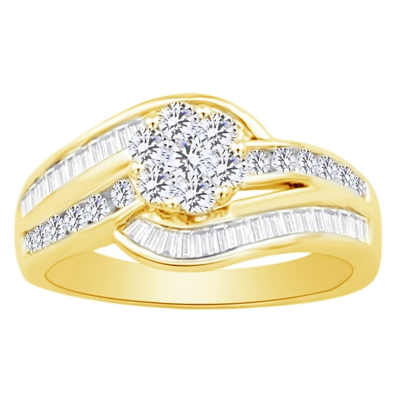 AFFY Round & Baguette Shape White Natural Diamond Crossover Engagement Ring In 10k Yellow Gold (1.00 cttw) Ring Size-7.5