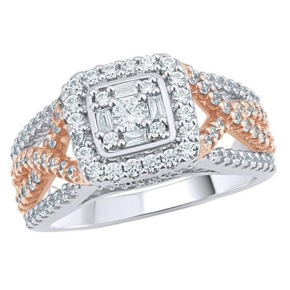 AFFY Round & Baguette Shape White Natural Diamond Cushion Frame Twist Two Tone Engagement Ring in 10K White Gold (1 cttw)