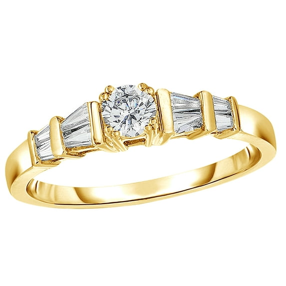 AFFY Round & Baguette Shape White Natural Diamond Double Collar Engagement Ring in 14k Yellow Gold (0.37 cttw)