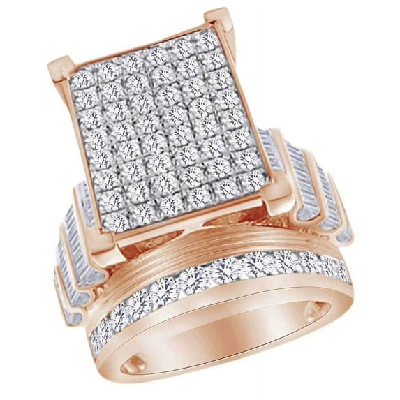 AFFY Round, Baguette Shape White Natural Diamond Engagement Ring In 10k Rose Gold (2 cttw) Ring Size-8