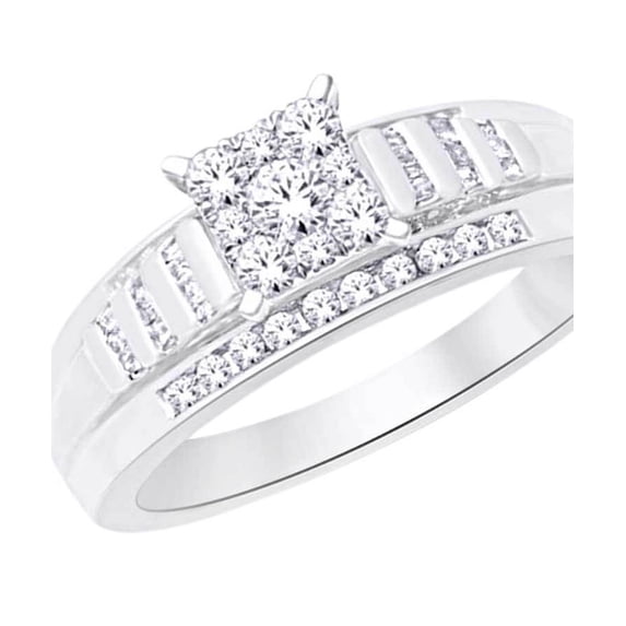 AFFY Round & Baguette Shape White Natural Diamond Engagement Ring In 10k White Gold (0.5 cttw) Ring Size-14