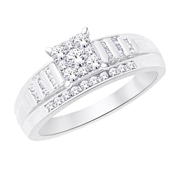 AFFY Round & Baguette Shape White Natural Diamond Engagement Ring In 10k White Gold (0.5 cttw) Ring Size-7.5