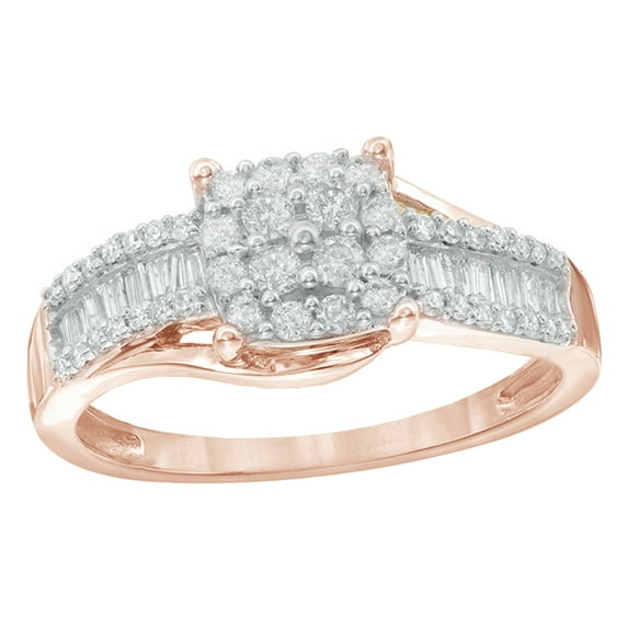 AFFY Round & Baguette Shape White Natural Diamond Frame Ring in 10K Rose Gold (0.5 cttw)