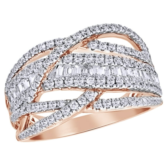 AFFY Round & Baguette Shape White Natural Diamond Loose Braid Ring in 10K Rose Gold (1 cttw)