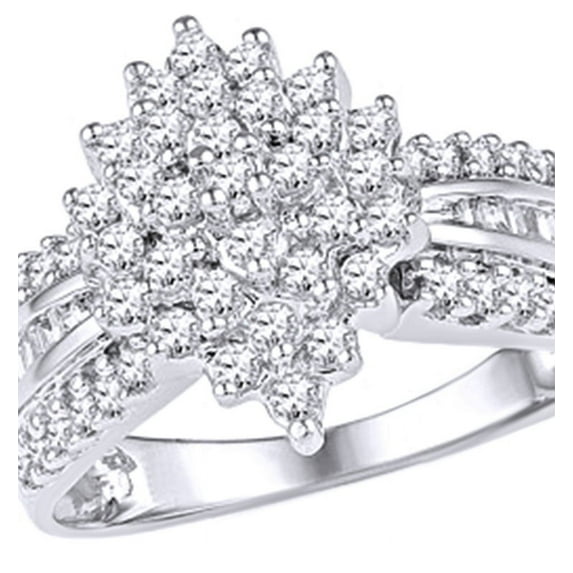 AFFY Round & Baguette Shape White Natural Diamond Marquise Cluster Engagement Ring in 10K White Gold (0.75 cttw)