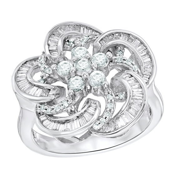 AFFY Round & Baguette Shape White Natural Diamond Swirl Flower Ring in 10K White Gold (1 cttw)