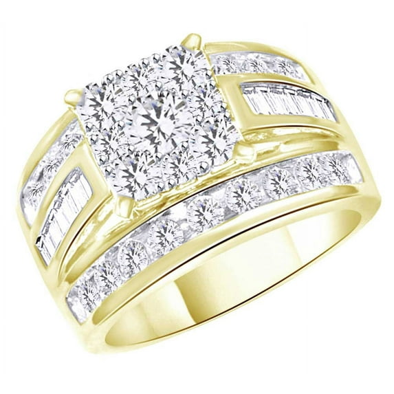 AFFY Round & Baguette Shape White Natural Diamond Three Row Fashion Invisible Ring In 10k Yellow Gold (2 cttw) Ring Size-4