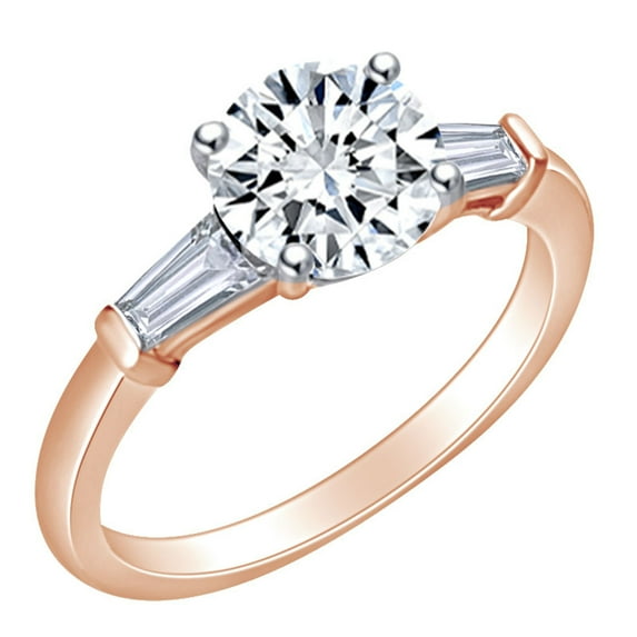 AFFY Round & Baguette White Cubic Zirconia Trilogy Engagement Ring In 14k Rose Gold Over Sterling Silver Ring Size-9.5