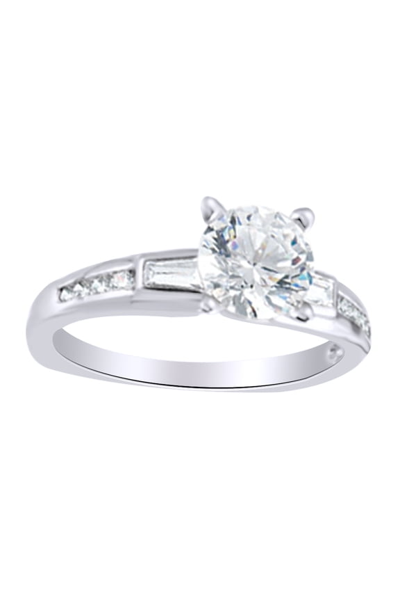 Round & Baguette White Diamond Solitaire Engagement Ring 14K Solid White Gold (0.2 Cttw)
