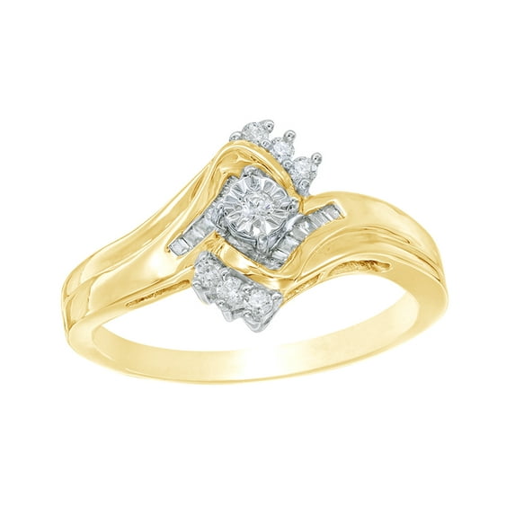 AFFY Round & Baguette White Natural Diamond Bypass Promise Ring in 10k Yellow Gold