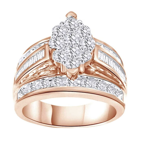 AFFY Round & Baguette White Natural Diamond Marquise Frame Engagement Ring In 10k Rose Gold (1.52 cttw) Ring Size-13