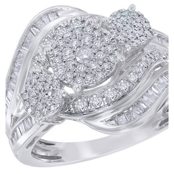 AFFY Round & Baguette White Natural Diamond Three Stone Cluster Bypass Ring in 10K White Gold (1 cttw)