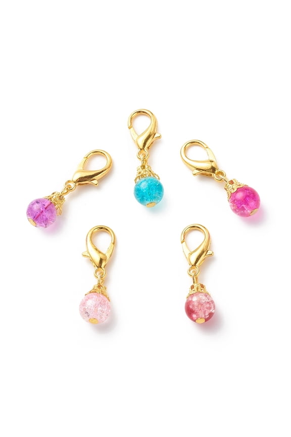 Round Baking Painted Glass Round Bead Pendant Decorations with Alloy Lobster Claw Clasps Clip-on Charms for Keychain Purse Backpack Ornament Stitch Marker Mixed Color 29.5mm