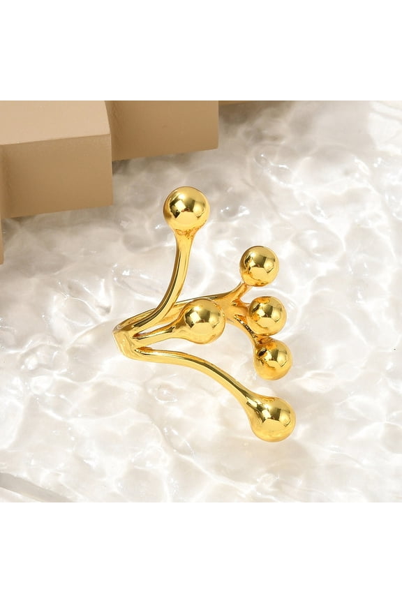 Round Ball Branching 304 Stainless Steel Open Cuff Rings for Women Real 18K Gold Plated Inner Diameter: 18mm