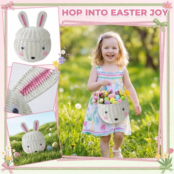 Round Bamboo Bunny Basket with Lid  Woven Rabbit Container for Storage, Covered Easter Baskets & Organizer